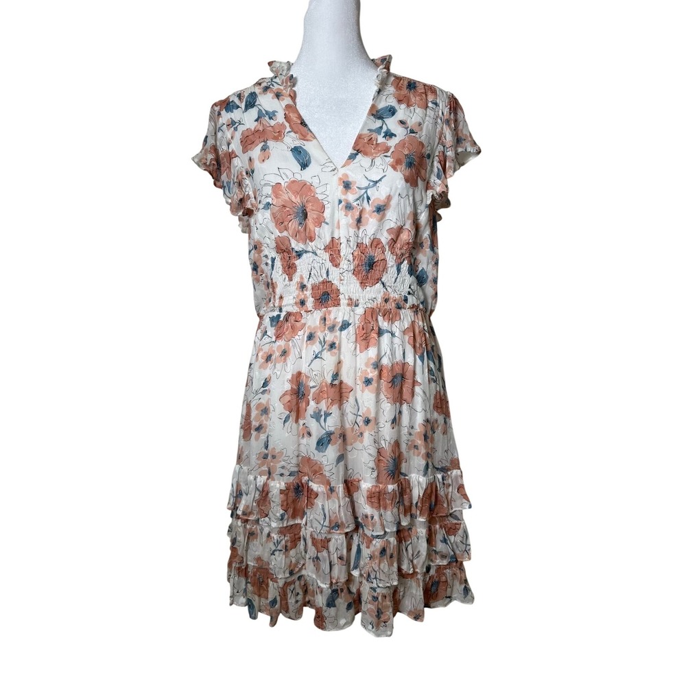 Rebecca Taylor Floral Ruffle V Neck Smocked Waist Tiered Dress Women's Size M